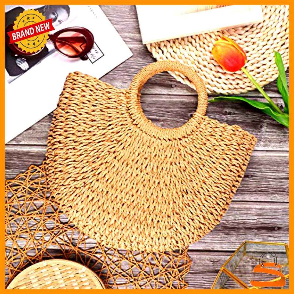 Handmade Straw Tote Bag Rattan Woven Handbag Travel Beach Bag - Picture 6 of 7